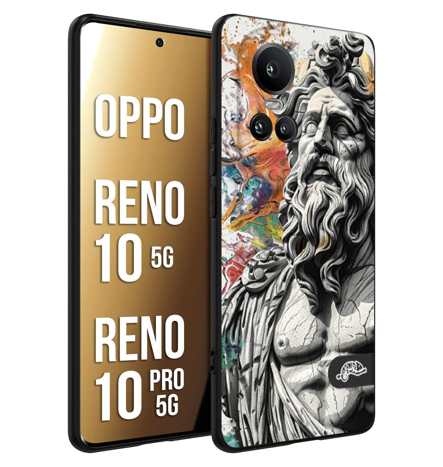 CUSTOMIZZA - Custodia cover nera morbida in tpu compatibile per Oppo Reno 10 5G - 10 PRO 5G statua colorata moderna antico tattoo splash color