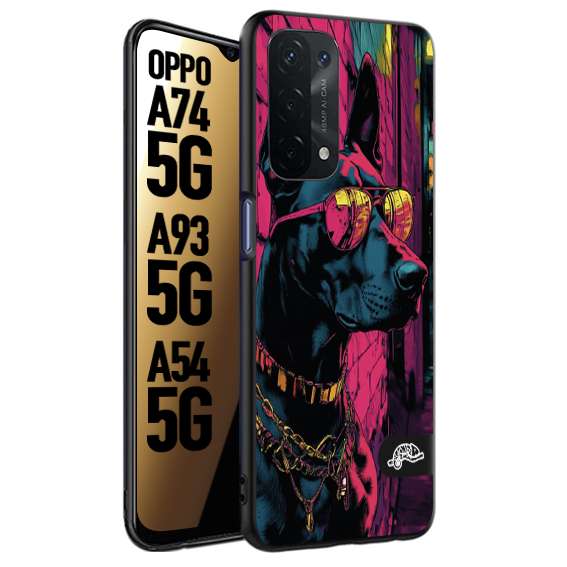 CUSTOMIZZA - Custodia cover nera morbida in tpu compatibile per Oppo A74 5G - A93 5G - A54 5G animali cyberpunk dobermann cane street dog fucsia blu