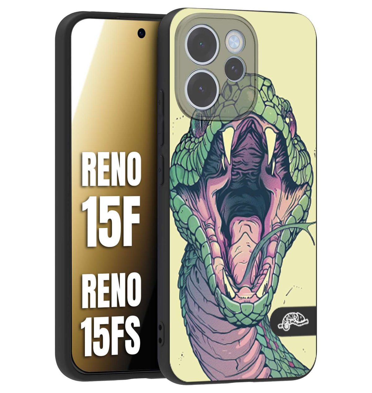 CUSTOMIZZA - Custodia cover nera morbida in tpu compatibile per Oppo Reno 15 F - Reno 15 FS snake yellow green serpente tatuaggio tattoo disegnato a mano