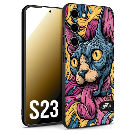 CUSTOMIZZA - Custodia cover nera morbida in tpu compatibile per Samsung S23 Sphynx Colorato Pop Art Psichedelico Gatto Blu Rosa Giallo Artistica Fantasy