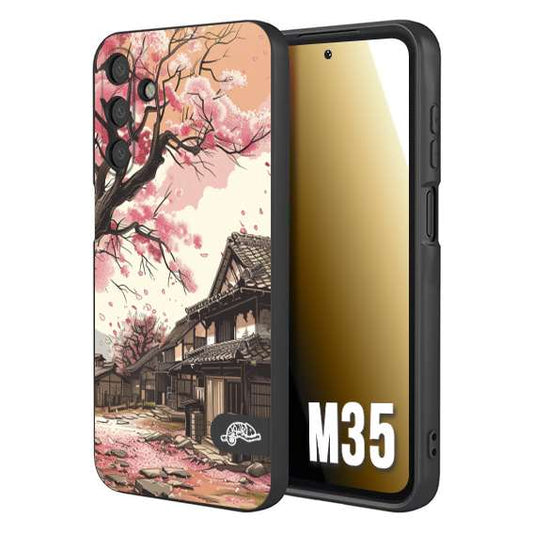 CUSTOMIZZA - Custodia cover nera morbida in tpu compatibile per Samsung M35 casa giapponese rosa ciliegio in fiore disegnata tattoo