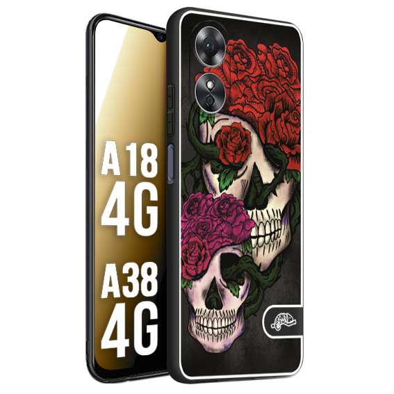 CUSTOMIZZA - Custodia cover nera morbida in tpu compatibile per Oppo A18 4G - A38 4G teschi e rose rosse fucsia skull and roses