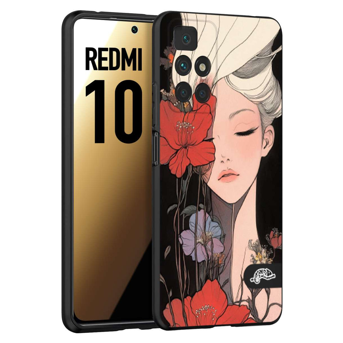 CUSTOMIZZA - Custodia cover nera morbida in tpu compatibile per Xiaomi Redmi 10 woman flower Fantasia Floreale Design Donna e Fiori, Retro Artistico