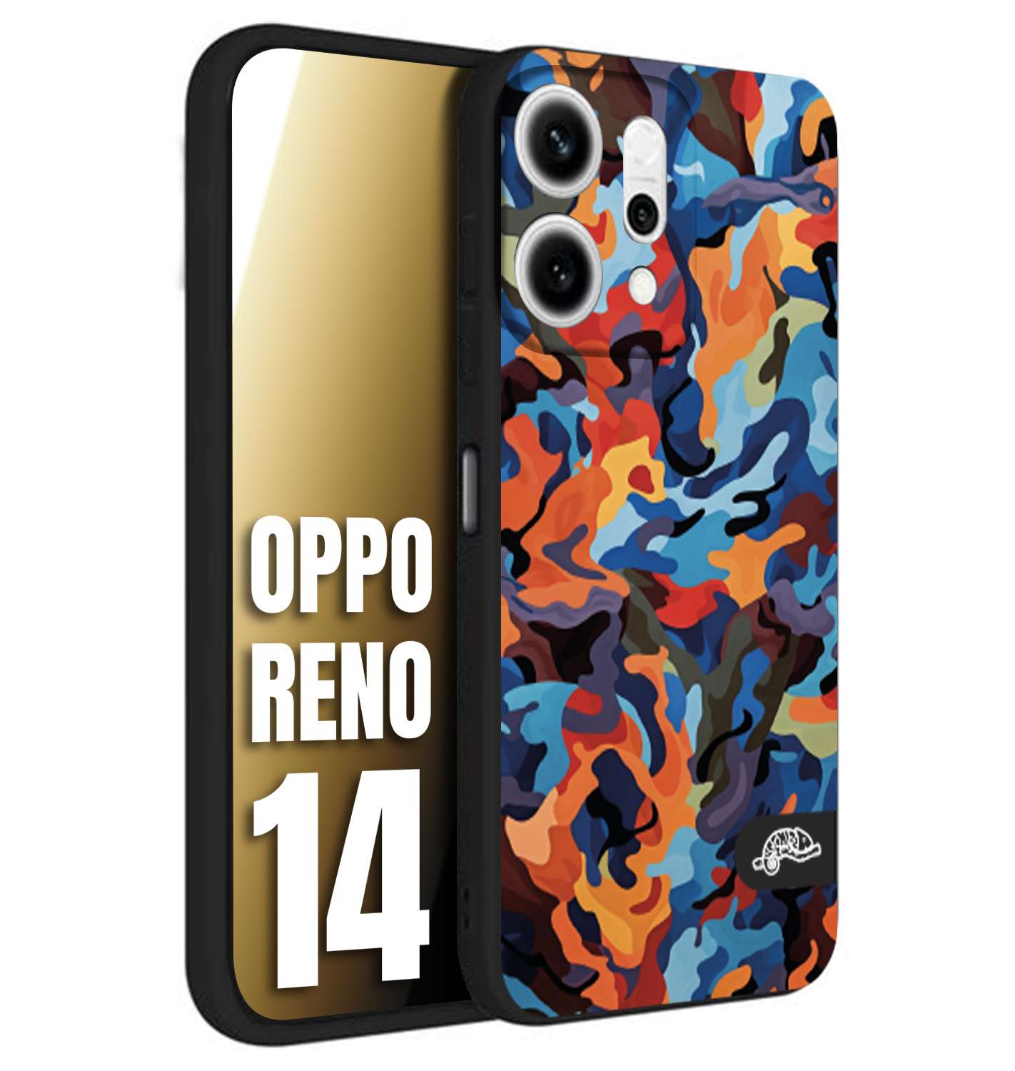 CUSTOMIZZA - Custodia cover nera morbida in tpu compatibile per Oppo Reno 14 camouflage mimetico militare moderno blu arancio rosso