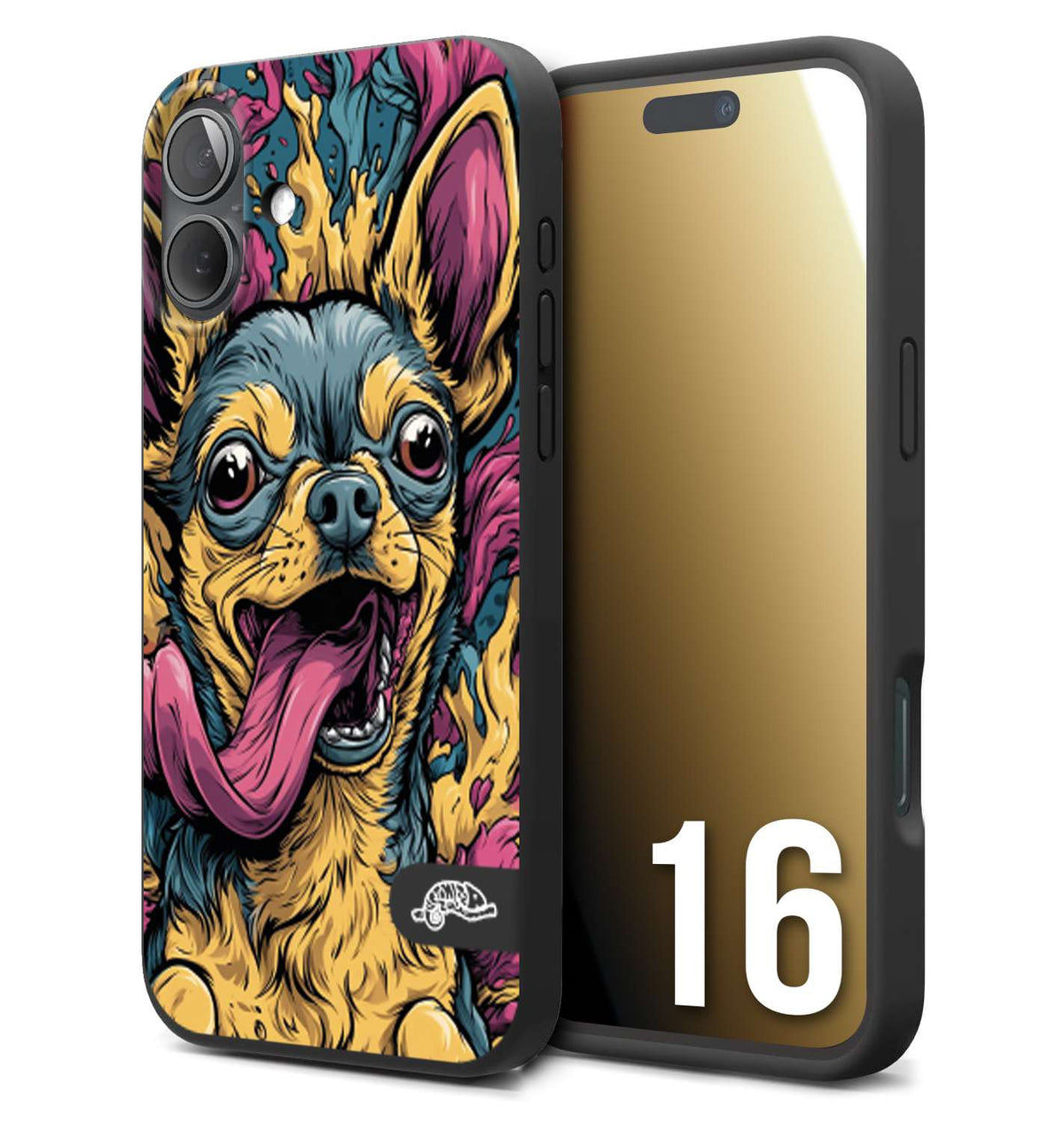 CUSTOMIZZA - Custodia cover nera morbida in tpu compatibile per iPhone 16 Chihuahua illustrazione cane pop art cane street art cartone animato