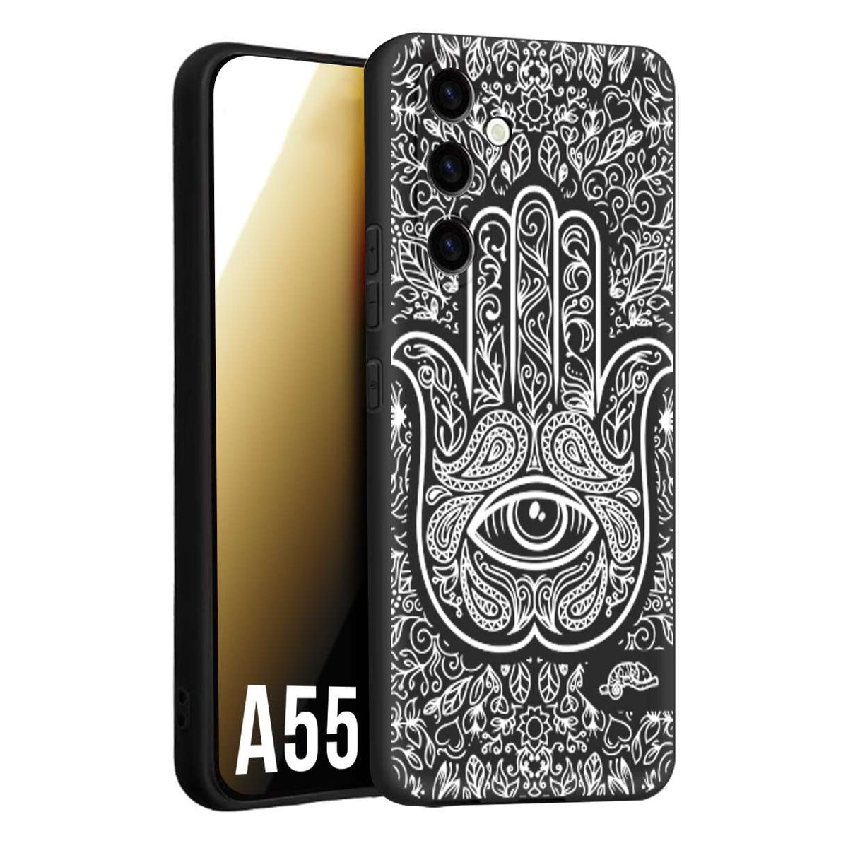 CUSTOMIZZA - Custodia cover nera morbida in tpu compatibile per Samsung A55 5G mano di fatima effetto rilievo mandala donna