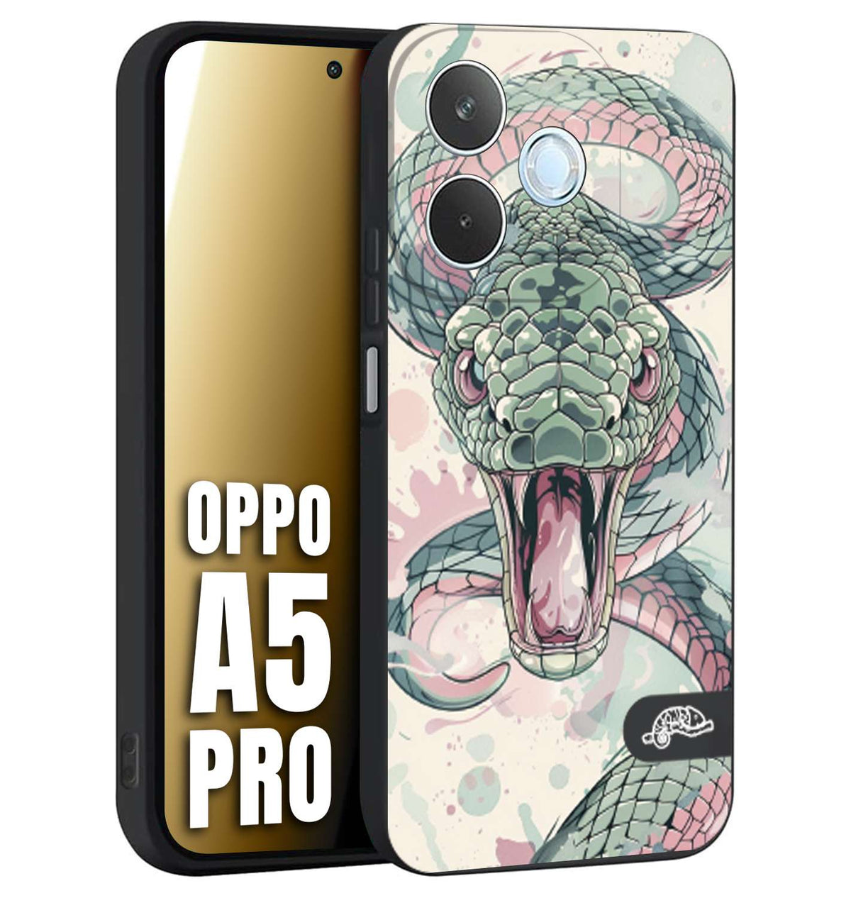 CUSTOMIZZA - Custodia cover nera morbida in tpu compatibile per Oppo A5 PRO snake pink green serpente tatuaggio tattoo disegnato a mano