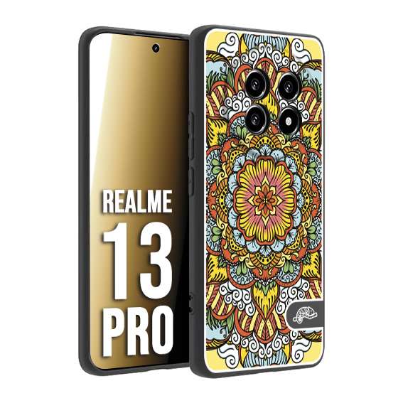 CUSTOMIZZA - Custodia cover nera morbida in tpu compatibile per Realme 13 PRO mandala colorato fiore nuvole arancione