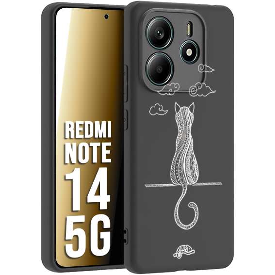 CUSTOMIZZA - Custodia cover nera morbida in tpu compatibile per Xiaomi Redmi Note 14 5G gatto mandala stilizzato gattino a rilievo soft touch donna bianca