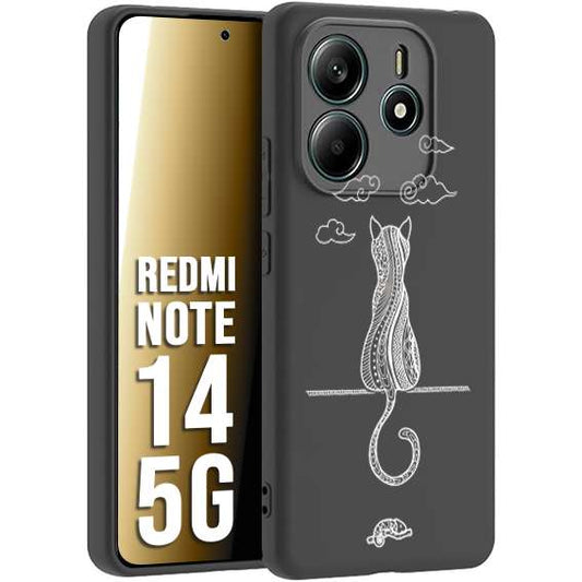 CUSTOMIZZA - Custodia cover nera morbida in tpu compatibile per Xiaomi Redmi Note 14 5G gatto mandala stilizzato gattino a rilievo soft touch donna bianca