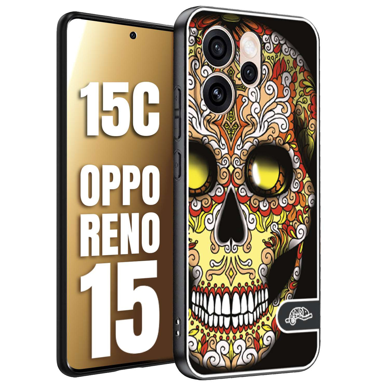 CUSTOMIZZA - Custodia cover nera morbida in tpu compatibile per Oppo Reno 15 - Reno 15Cteschio messicano Mexican skull giallo rosso arancio