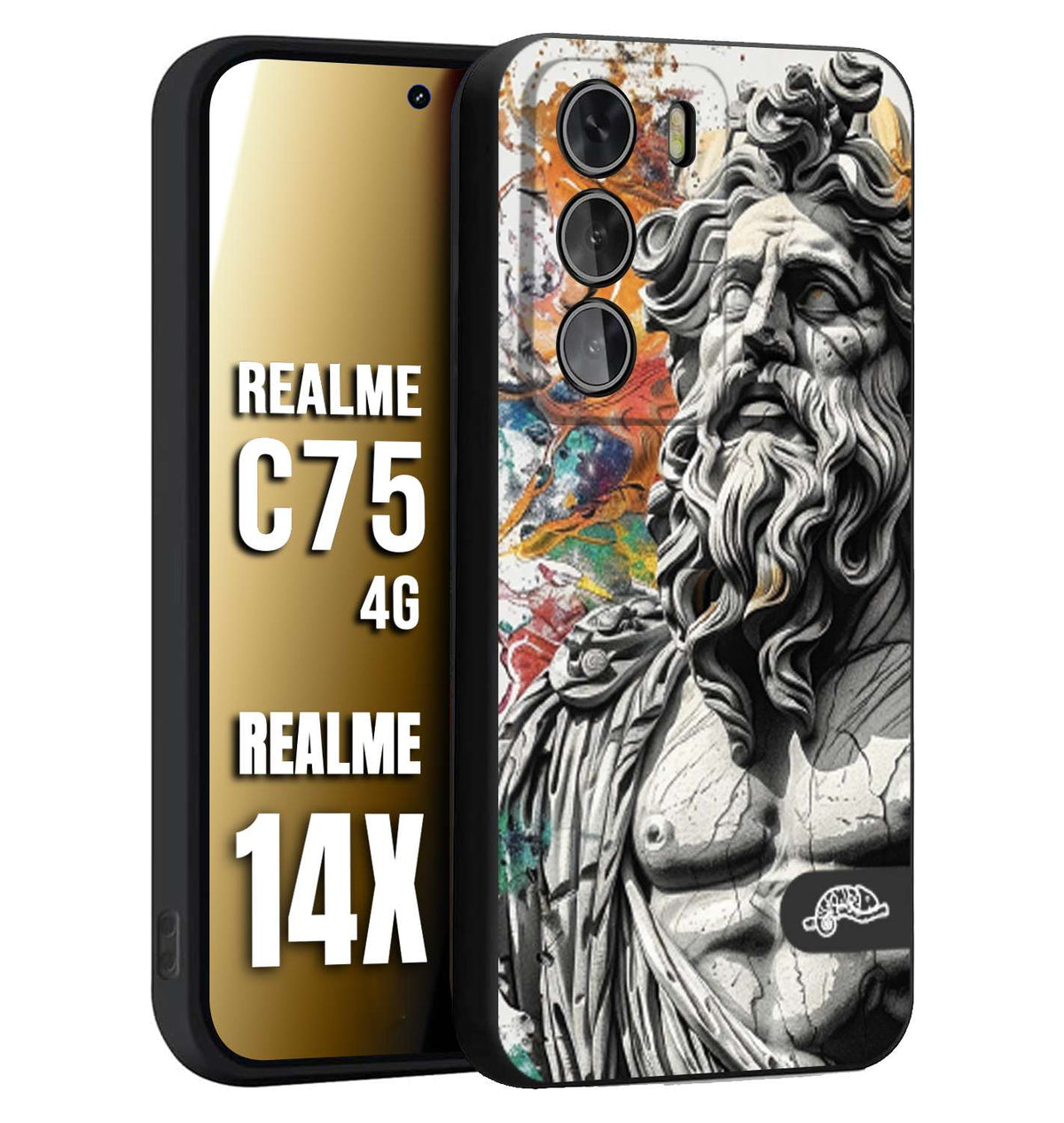 CUSTOMIZZA - Custodia cover nera morbida in tpu compatibile per Realme 14X - C75 4G statua colorata moderna antico tattoo splash color