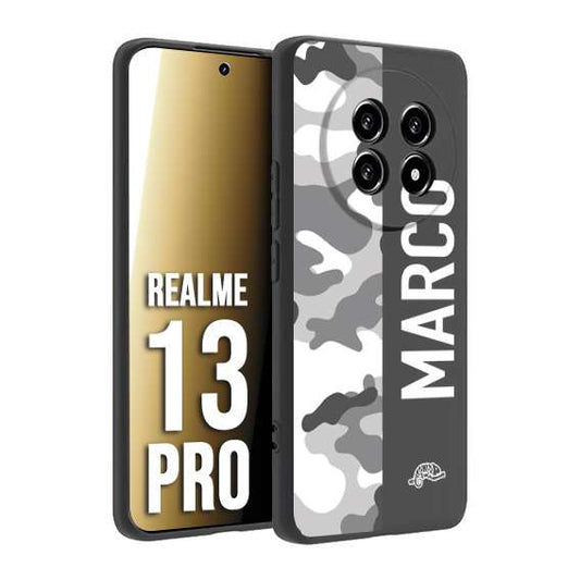 CUSTOMIZZA - Custodia cover nera morbida in tpu compatibile per Realme 13 PRO camouflage mimetico militare personalizzata nome bianco