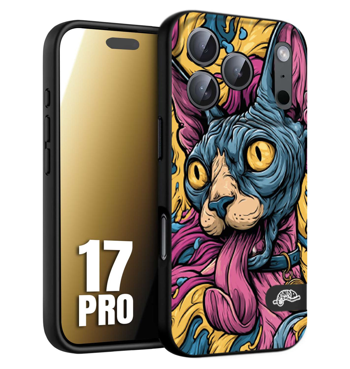 CUSTOMIZZA - Custodia cover nera morbida in tpu compatibile per iPhone 17 PRO Sphynx Colorato Pop Art Psichedelico Gatto Blu Rosa Giallo Artistica Fantasy