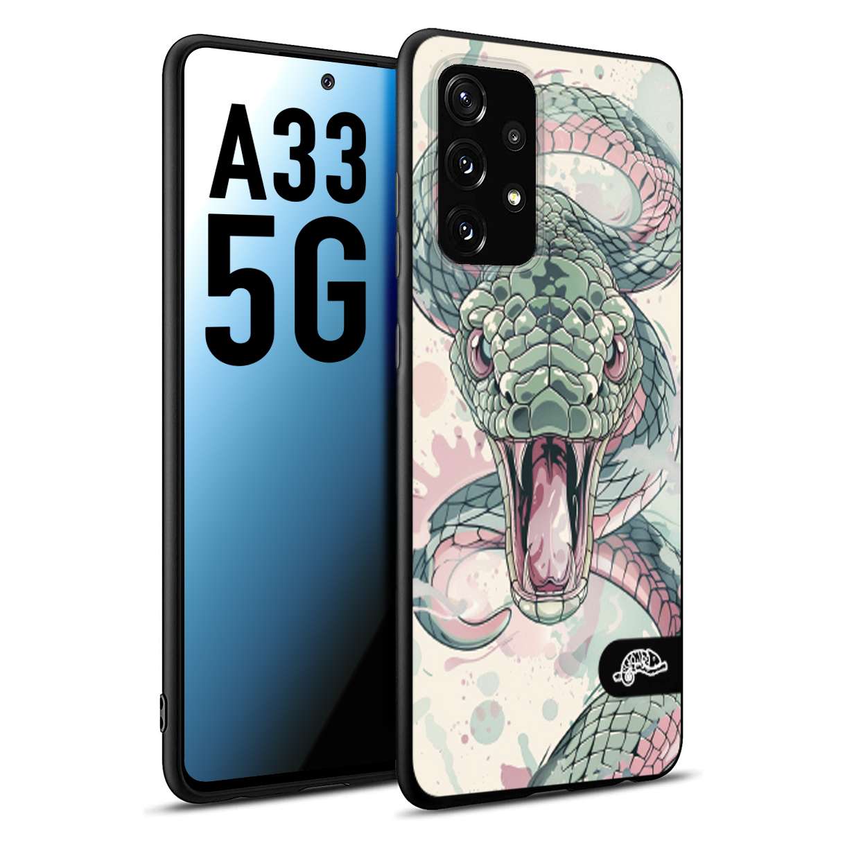 CUSTOMIZZA - Custodia cover nera morbida in tpu compatibile per Samsung A33 5G snake pink green serpente tatuaggio tattoo disegnato a mano