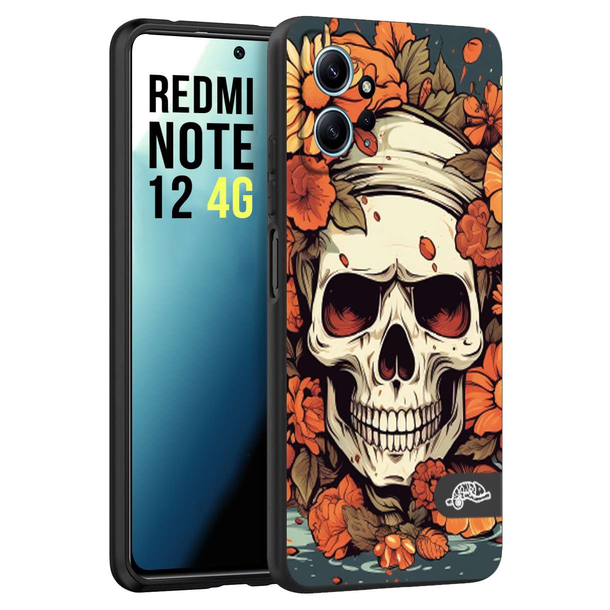 CUSTOMIZZA - Custodia cover nera morbida in tpu compatibile per Xiaomi Redmi Note 12 4G teschio skull flowers fiori tattoo disegnato alta definizione