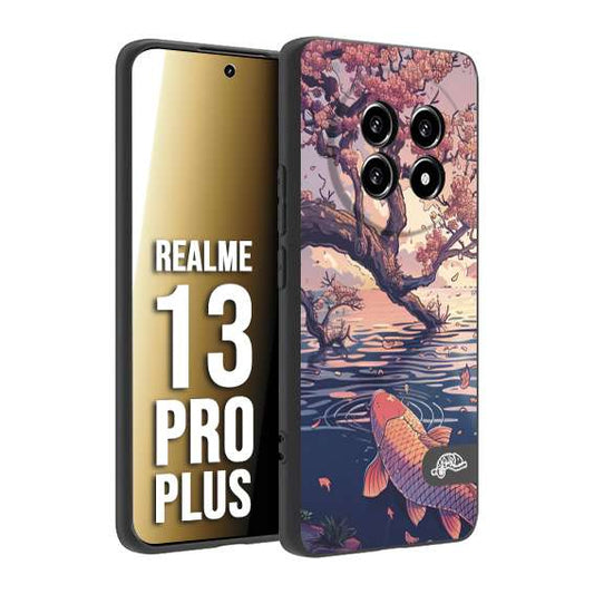 CUSTOMIZZA - Custodia cover nera morbida in tpu compatibile per Realme 13 PRO PLUS giapponese lago carpa koi rosa con foglie d'acero disegnata tattoo