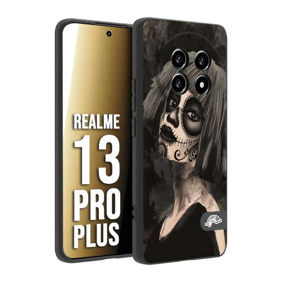 CUSTOMIZZA - Custodia cover nera morbida in tpu compatibile per Realme 13 PRO PLUS chicana messicana dea de la muerte donna santa tattoo disegnata