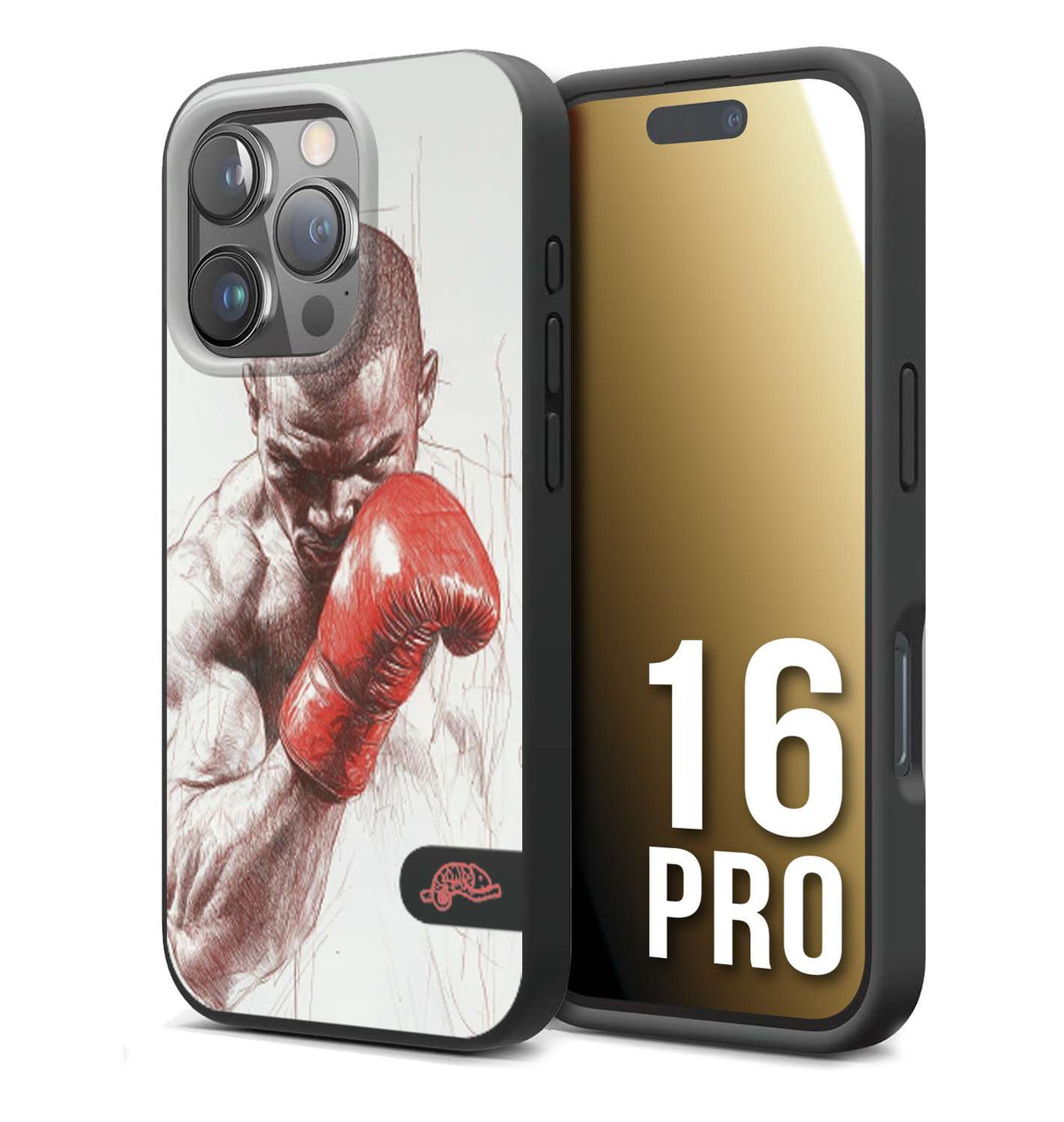 CUSTOMIZZA - Custodia cover nera morbida in tpu compatibile per iPhone 16 PRO pugilato pugili disegno tattoo guantoni box sport primo piano