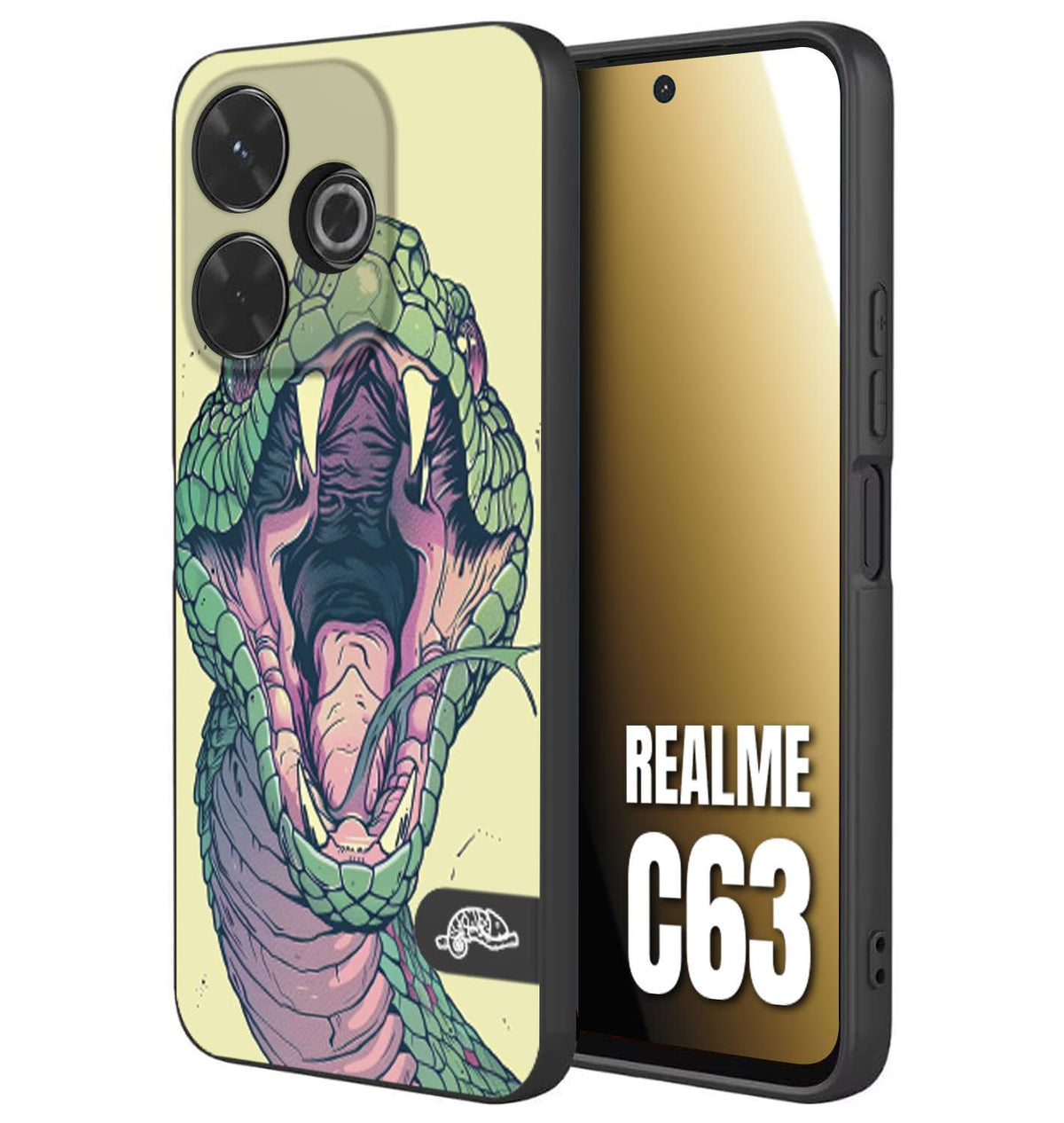 CUSTOMIZZA - Custodia cover nera morbida in tpu compatibile per Realme C63 snake yellow green serpente tatuaggio tattoo disegnato a mano