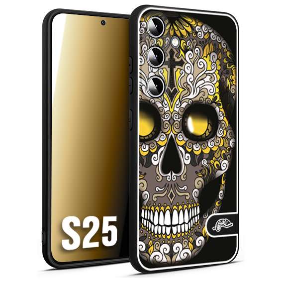 CUSTOMIZZA - Custodia cover nera morbida in tpu compatibile per Samsung S25 teschio messicano Mexican skull nero giallo