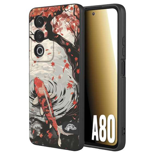 CUSTOMIZZA - Custodia cover nera morbida in tpu compatibile per Oppo A80 giapponese lago carpa koi rossa con foglie d'acero rosso disegnata tattoo