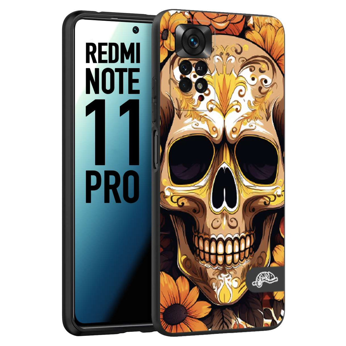 CUSTOMIZZA - Custodia cover nera morbida in tpu compatibile per Xiaomi Redmi Note 11 PRO teschio messicano colorato dorato fiori tattoo disegnato