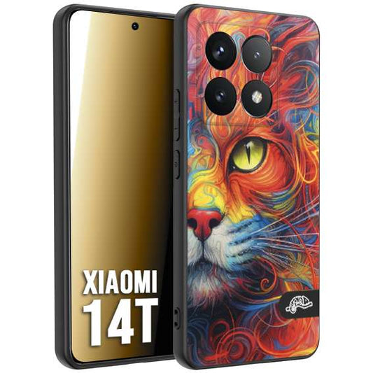 CUSTOMIZZA - Custodia cover nera morbida in tpu compatibile per Xiaomi 14T animali color cat gatto viso colori vibranti disegnato schizzo