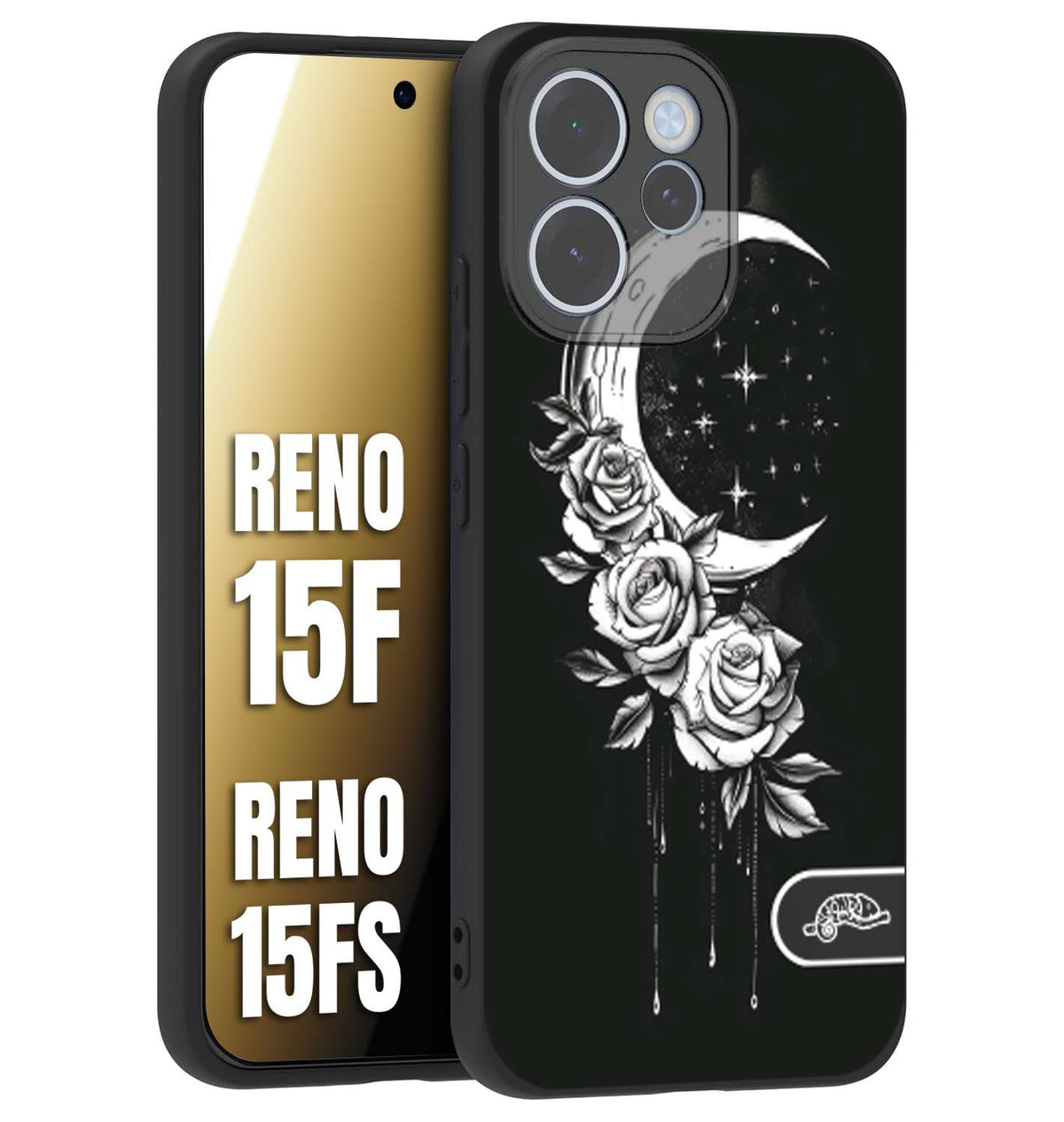 CUSTOMIZZA - Custodia cover nera morbida in tpu compatibile per Oppo Reno 15 F - Reno 15 FS luna e fiori moon flowers black and white bianco a rilievo disegnato