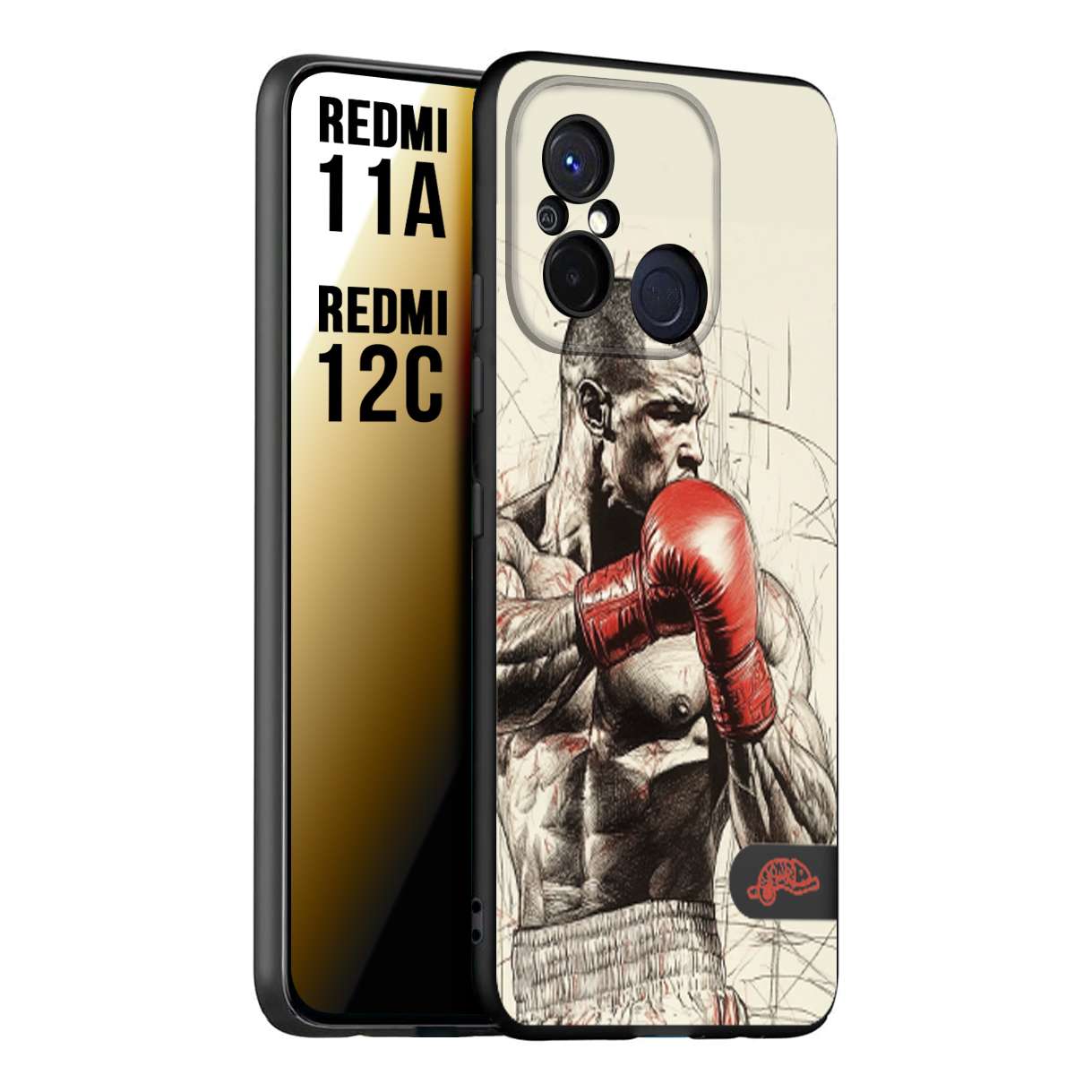 CUSTOMIZZA - Custodia cover nera morbida in tpu compatibile per Xiaomi Redmi 11A - 12C pugilato pugili disegno tattoo guantoni box sport ring