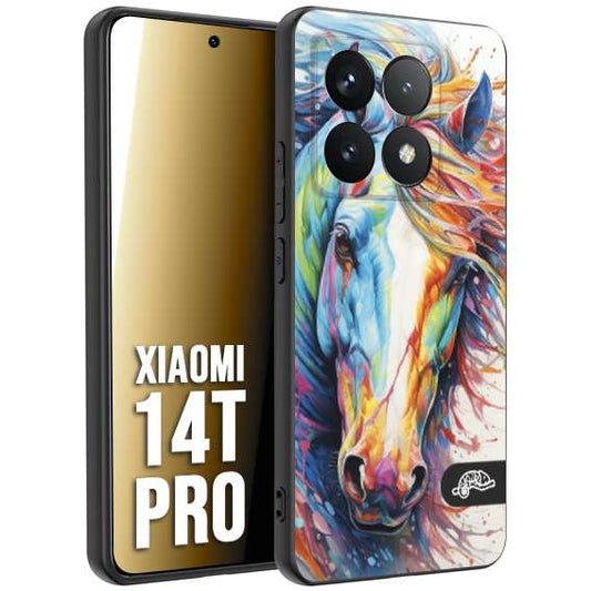 CUSTOMIZZA - Custodia cover nera morbida in tpu compatibile per Xiaomi 14T PRO animali color cavallo horse viso colori vibranti disegnato schizzo