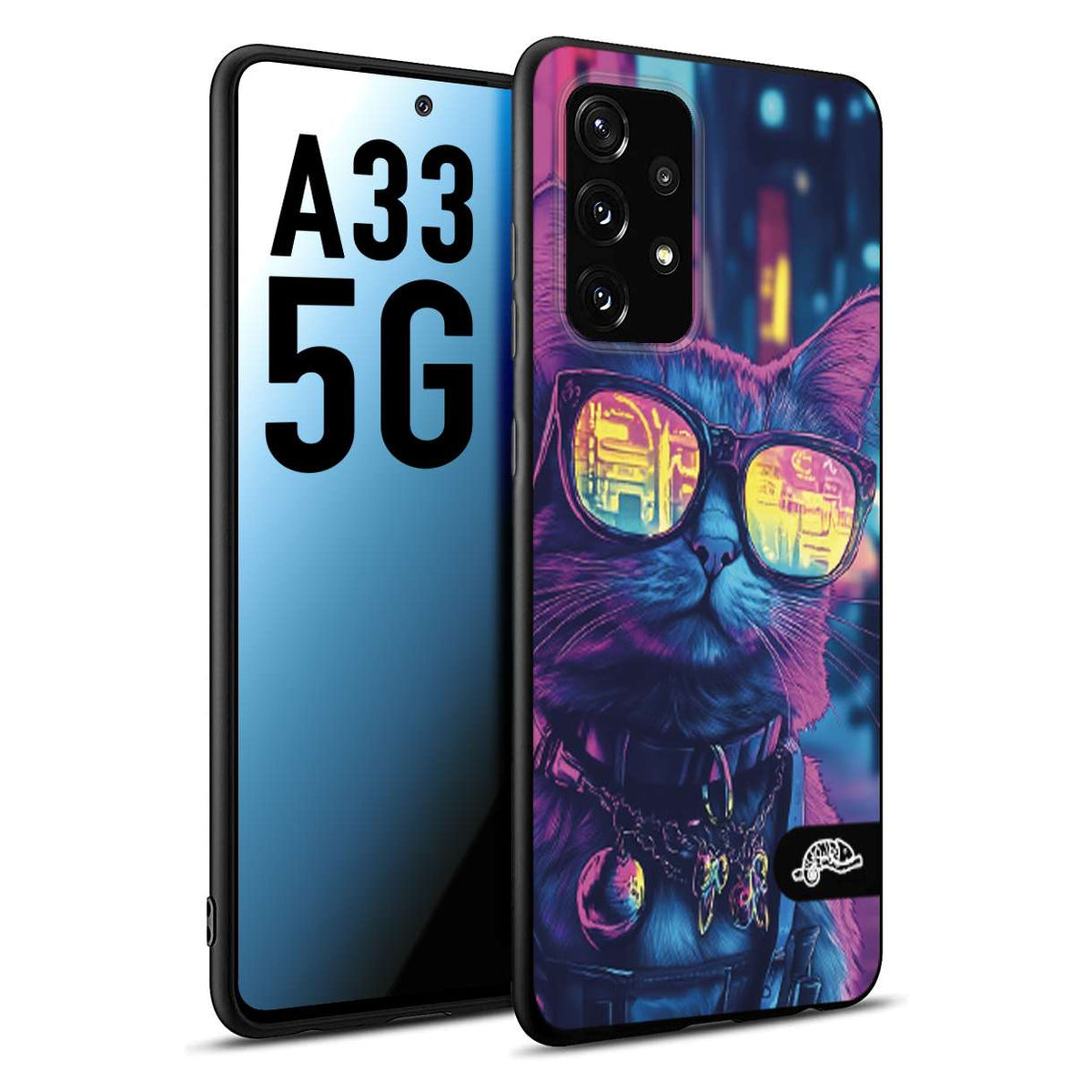 CUSTOMIZZA - Custodia cover nera morbida in tpu compatibile per Samsung A33 5G animali cyberpunk gatto street cat fucsia blu giallo