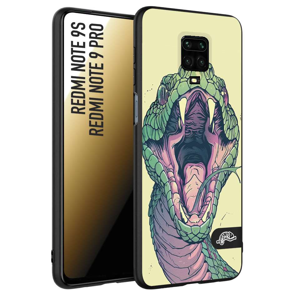 CUSTOMIZZA - Custodia cover nera morbida in tpu compatibile per Xiaomi Redmi Note 9S - Note 9 PRO snake yellow green serpente tatuaggio tattoo disegnato a mano