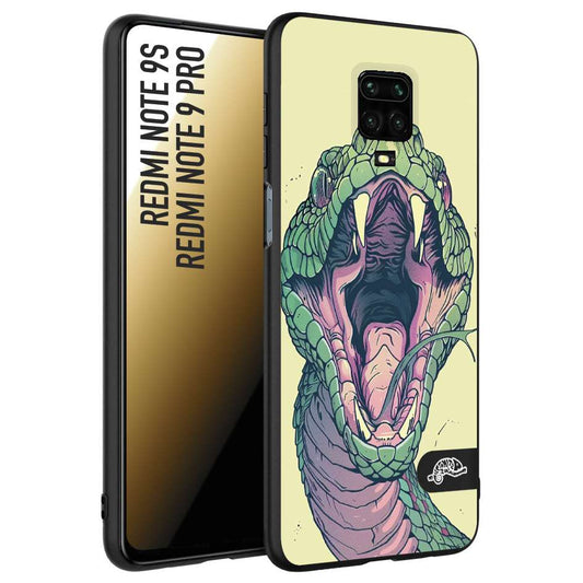 CUSTOMIZZA - Custodia cover nera morbida in tpu compatibile per Xiaomi Redmi Note 9S - Note 9 PRO snake yellow green serpente tatuaggio tattoo disegnato a mano