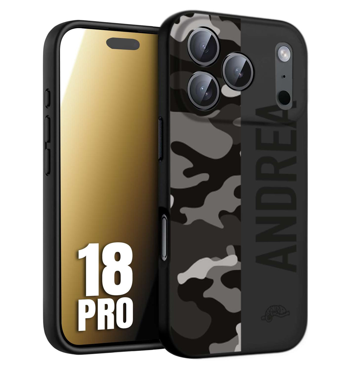 CUSTOMIZZA - Custodia cover nera morbida in tpu compatibile per iPhone 18 PRO camouflage mimetico militare personalizzata nome