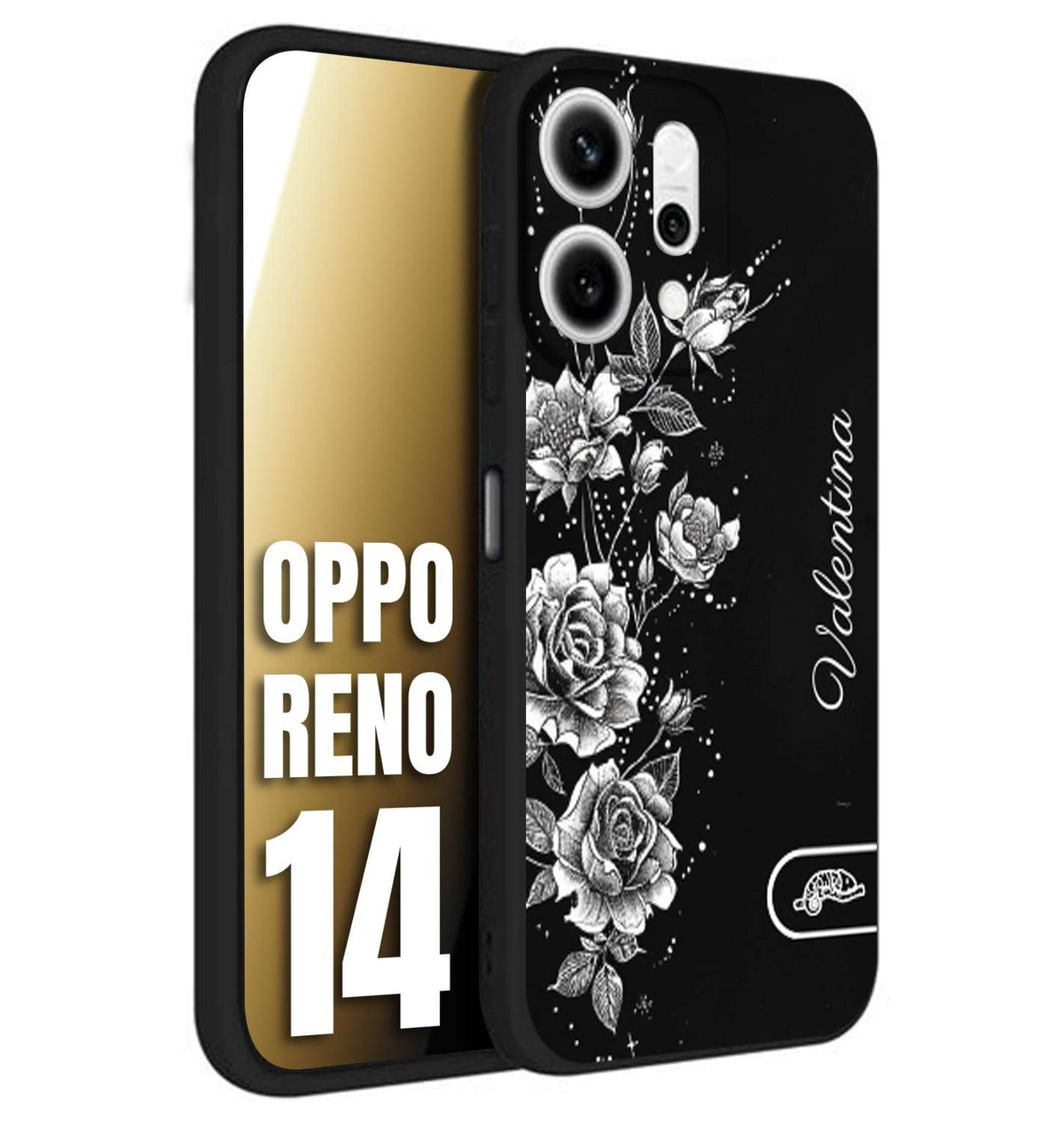 CUSTOMIZZA - Custodia cover nera morbida in tpu compatibile per Oppo Reno 14 personalizzata rilievo soft touch nome rose fiori donna