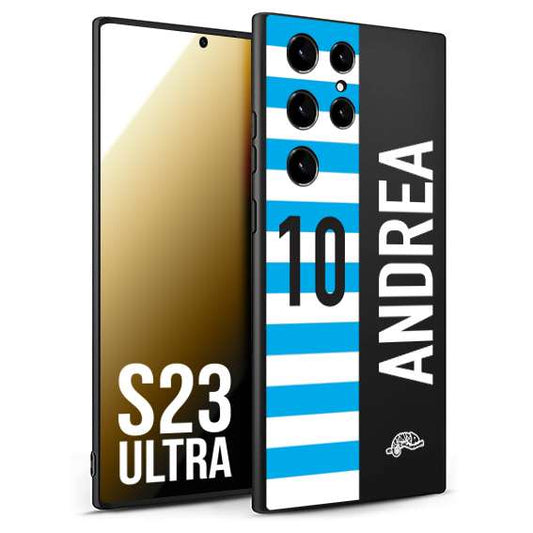 CUSTOMIZZA - Custodia cover nera morbida in tpu compatibile per Samsung S23 ULTRA personalizzata calcio football nome e numero calciatori biancazzurri