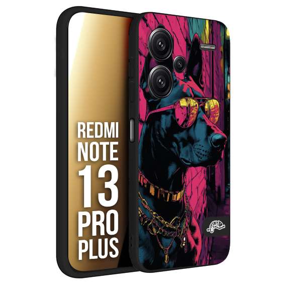 CUSTOMIZZA - Custodia cover nera morbida in tpu compatibile per Xiaomi Redmi Note 13 PRO PLUS animali cyberpunk dobermann cane street dog fucsia blu