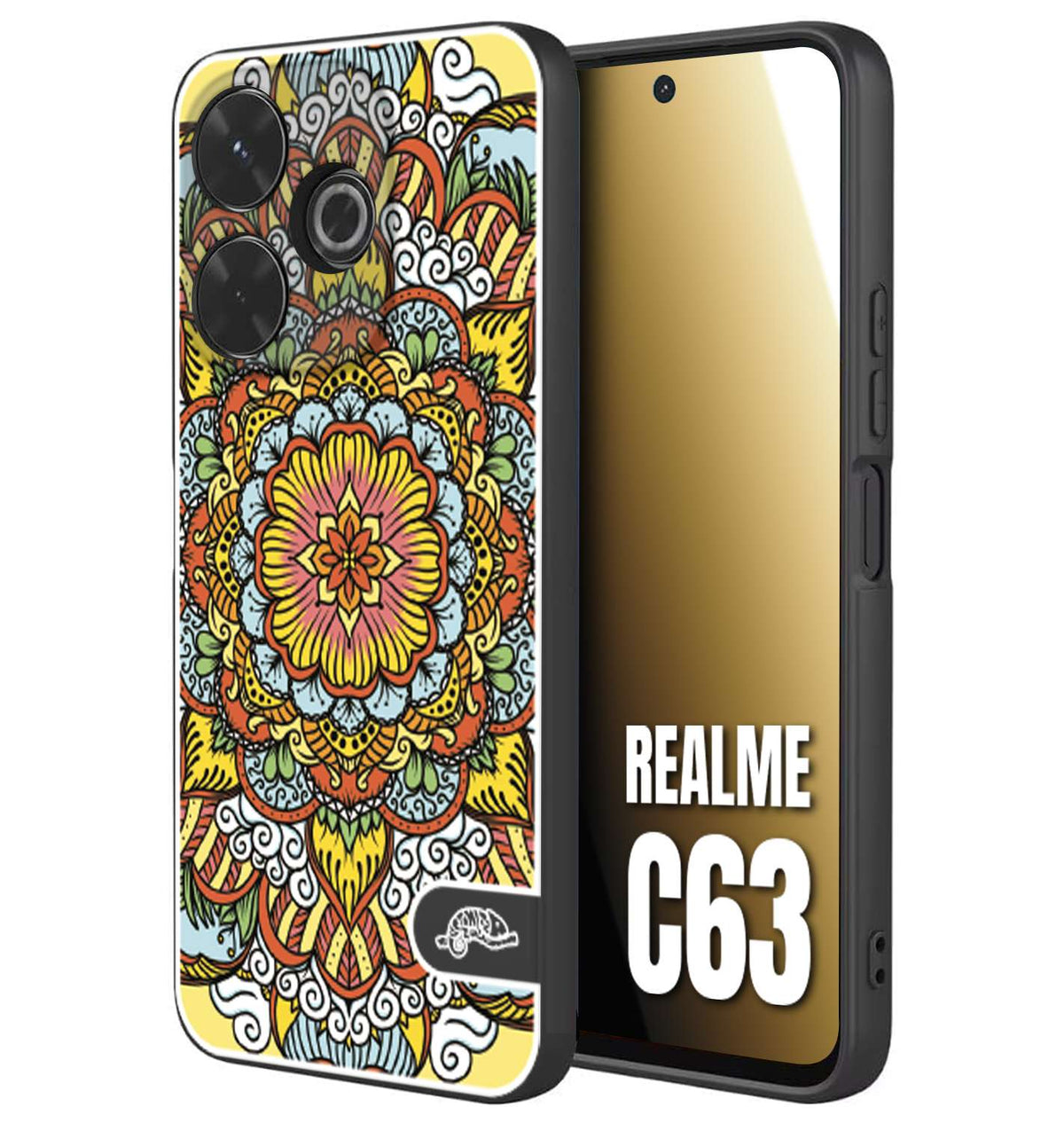 CUSTOMIZZA - Custodia cover nera morbida in tpu compatibile per Realme C63 mandala colorato fiore nuvole arancione