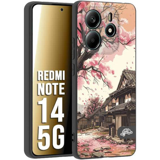 CUSTOMIZZA - Custodia cover nera morbida in tpu compatibile per Xiaomi Redmi Note 14 5G casa giapponese rosa ciliegio in fiore disegnata tattoo