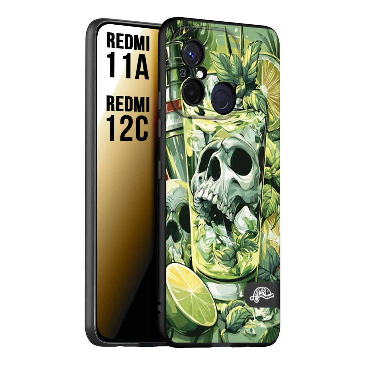 CUSTOMIZZA - Custodia cover nera morbida in tpu compatibile per Xiaomi Redmi 11A - 12C Mojito cocktail teschio illustrazione drink lime menta ghiacci tropicale street art