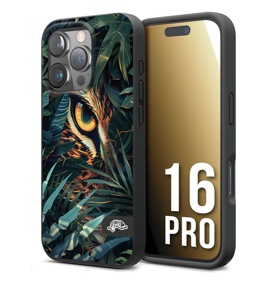 CUSTOMIZZA - Custodia cover nera morbida in tpu compatibile per iPhone 16 PRO animali color giungla tropicale occhio di giaguaro felino disegnato