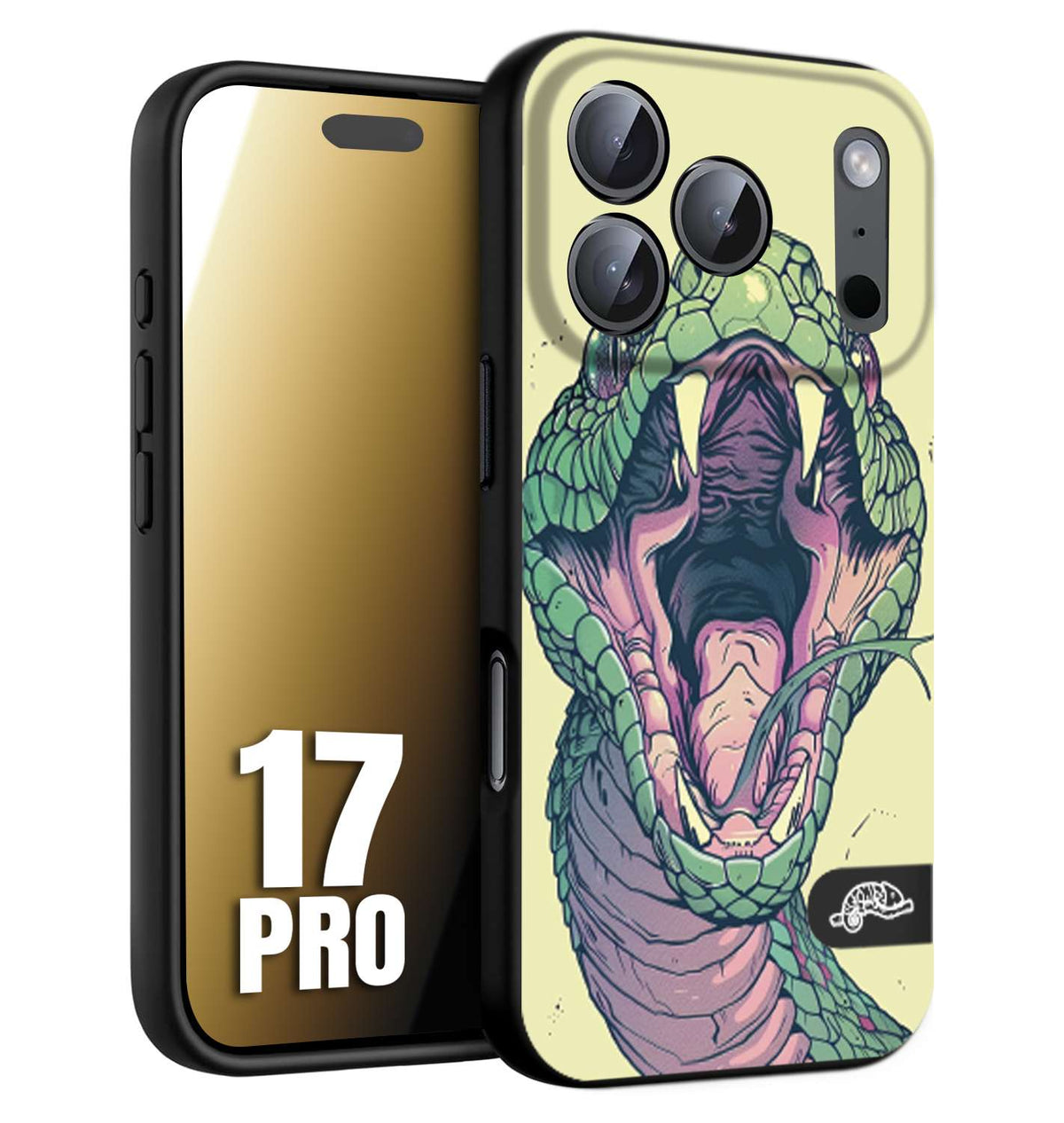 CUSTOMIZZA - Custodia cover nera morbida in tpu compatibile per iPhone 17 PRO snake yellow green serpente tatuaggio tattoo disegnato a mano