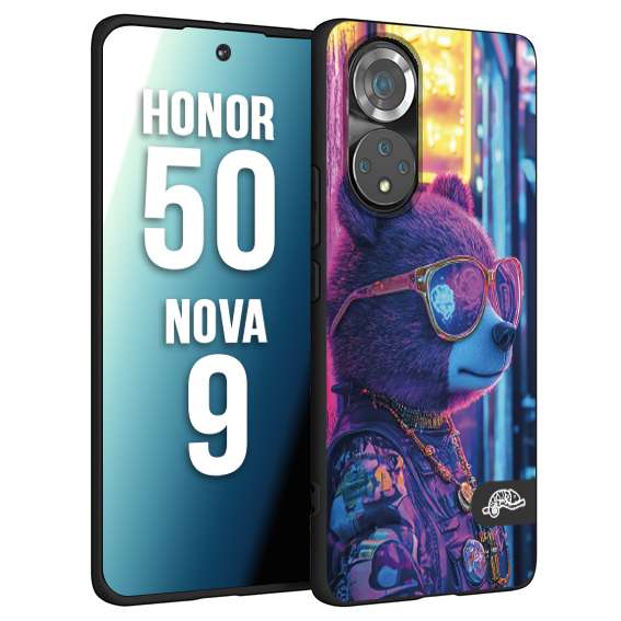 CUSTOMIZZA - Custodia cover nera morbida in tpu compatibile per Huawei Nova 9 - Honor 50 animali cyberpunk orsetto orso street bear fucsia blu night