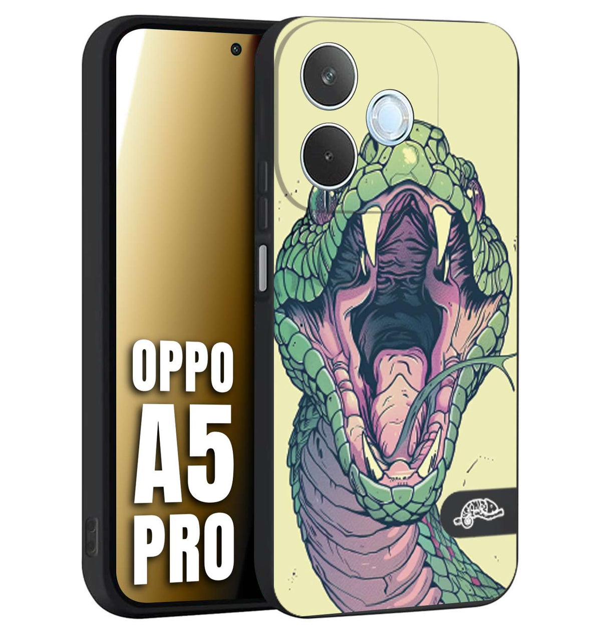 CUSTOMIZZA - Custodia cover nera morbida in tpu compatibile per Oppo A5 PRO snake yellow green serpente tatuaggio tattoo disegnato a mano