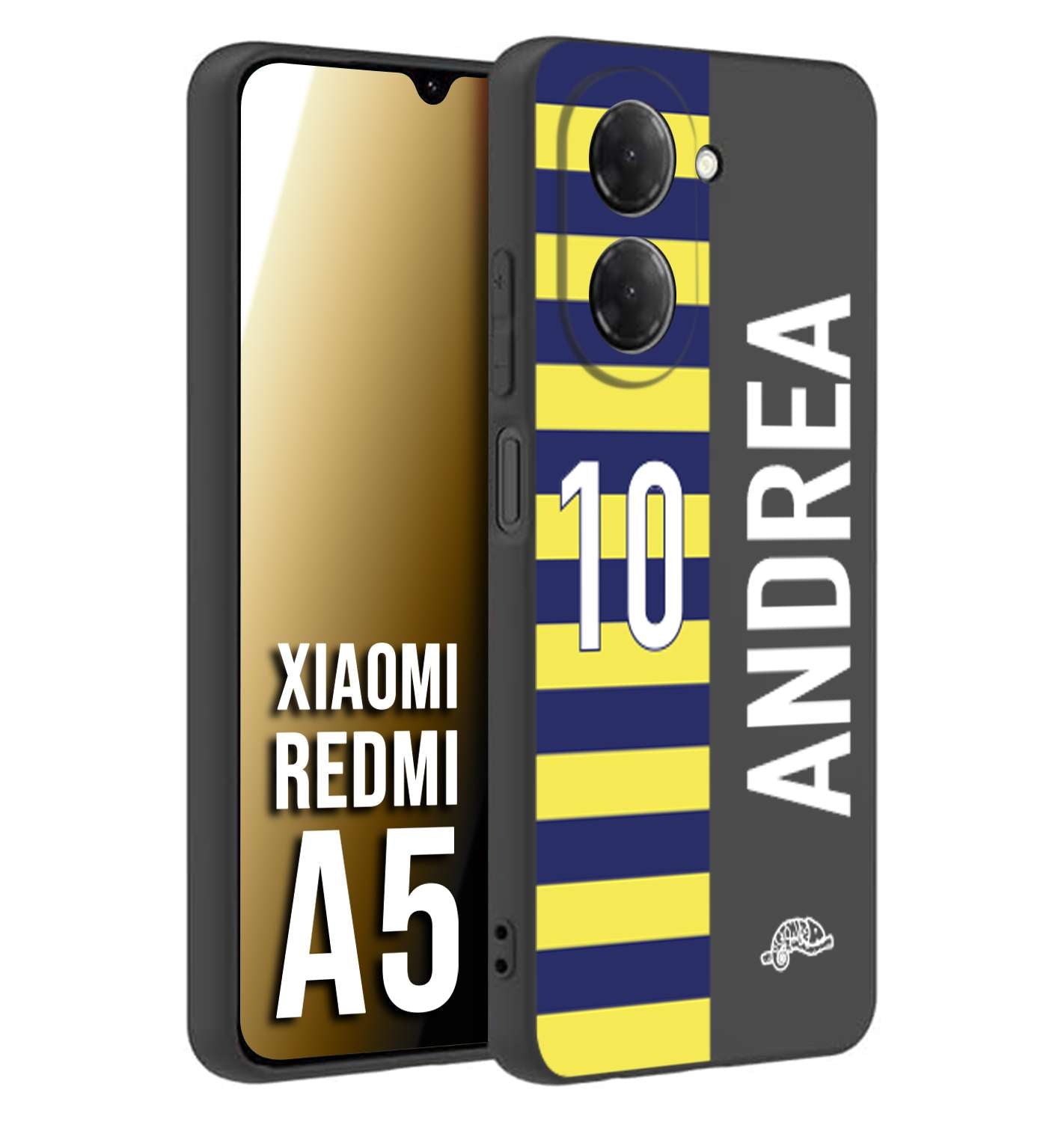 CUSTOMIZZA - Custodia cover nera morbida in tpu compatibile per Xiaomi Redmi A5 personalizzata calcio football nome e numero calciatori giallo blu