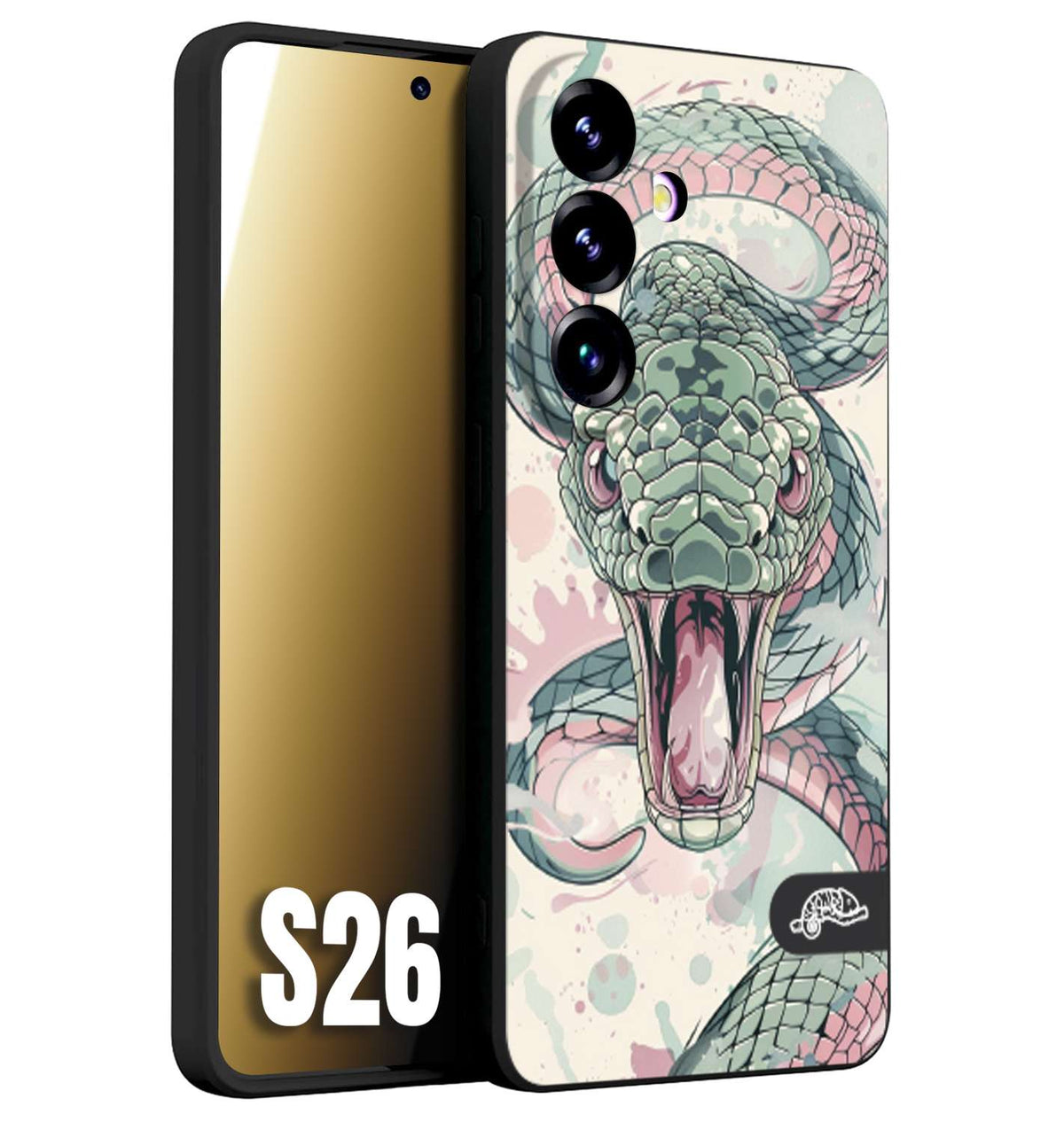 CUSTOMIZZA - Custodia cover nera morbida in tpu compatibile per Samsung S26 snake pink green serpente tatuaggio tattoo disegnato a mano