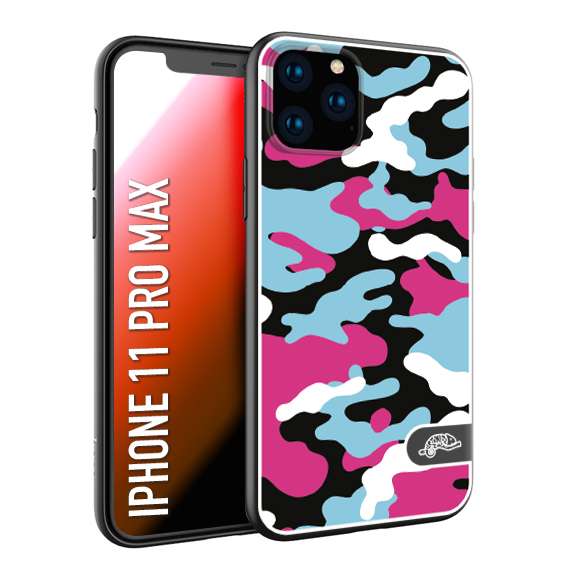 CUSTOMIZZA - Custodia cover nera morbida in tpu compatibile per iPhone 11 PRO MAX camouflage mimetico militare fucsia celeste
