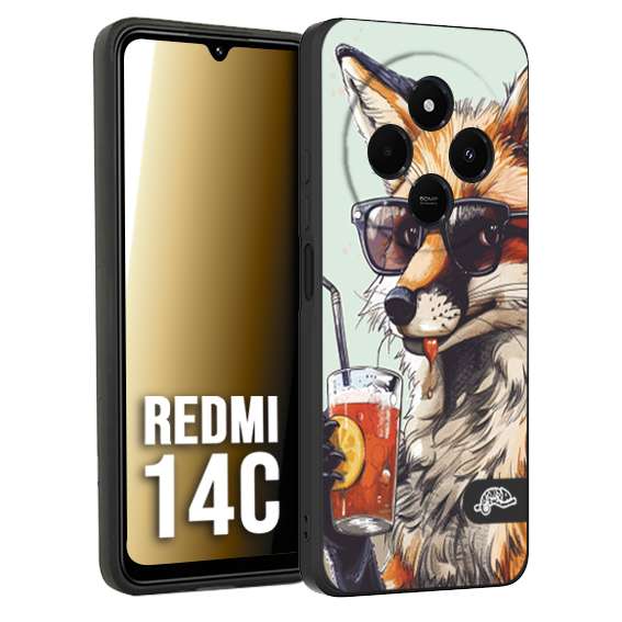 CUSTOMIZZA - Custodia cover nera morbida in tpu compatibile per Xiaomi Redmi 14C estate disegnata cocktails animali simpatici fox volpe negroni