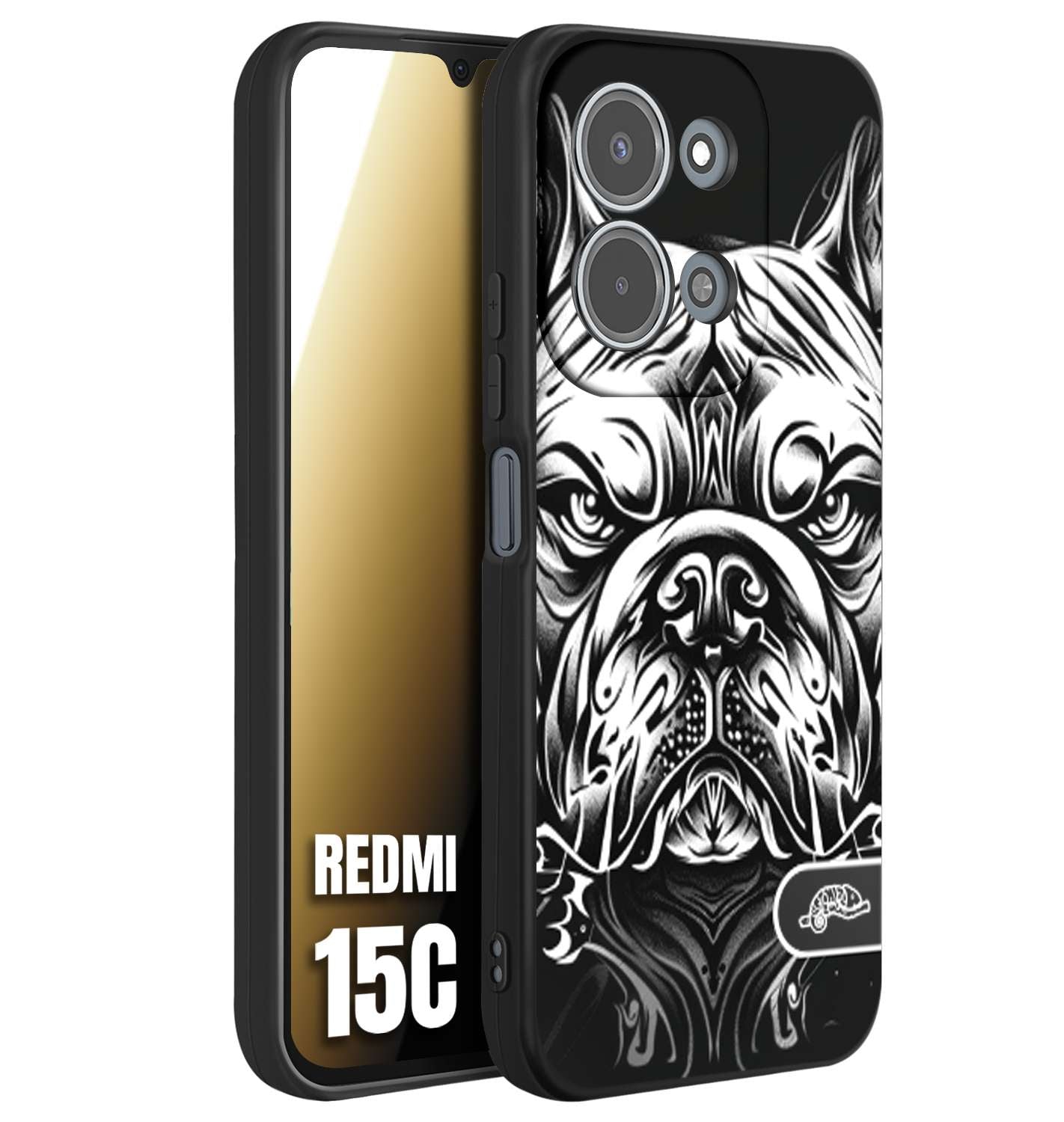CUSTOMIZZA - Custodia cover nera morbida in tpu compatibile per Xiaomi Redmi 15C bulldog bianco a rilievo disegnato tattoo tatuaggio